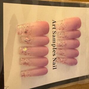 Pink Ombre Press On Nails Long Coffin Rose Gold Foil Flakes Art Samples Nail Set